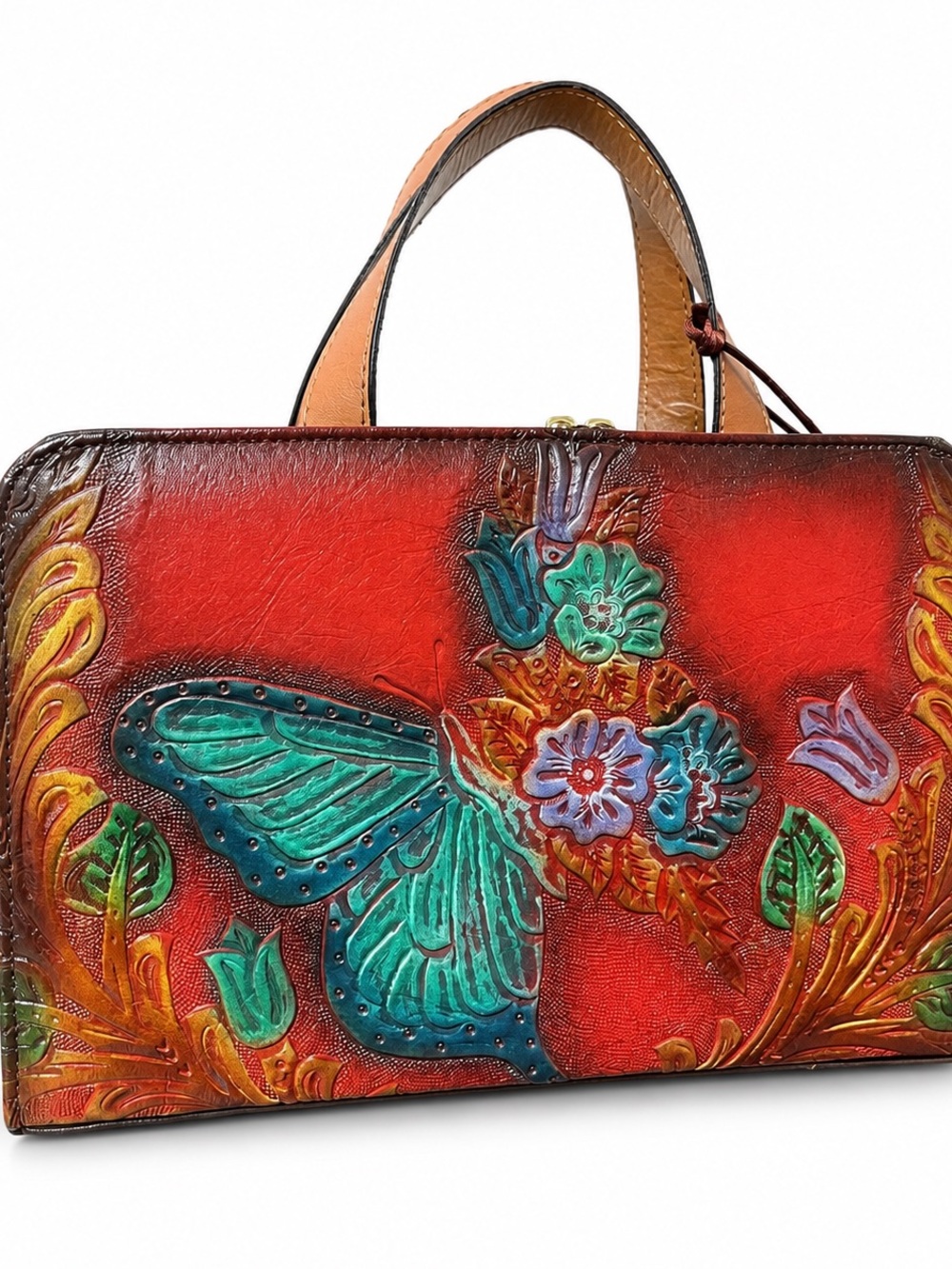Hand-Tooled Leather Butterfly Satchel - Red crossbody Bag